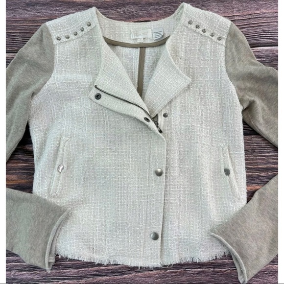 Miss Me Women Sz M Pieced Cropped Moto Jacket Full Zip Studded Lightweight Cream - Picture 6 of 10